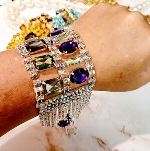 New Aurora Borealis Emerald Cut Crystal Fringe Silver Cocktail Bracelet